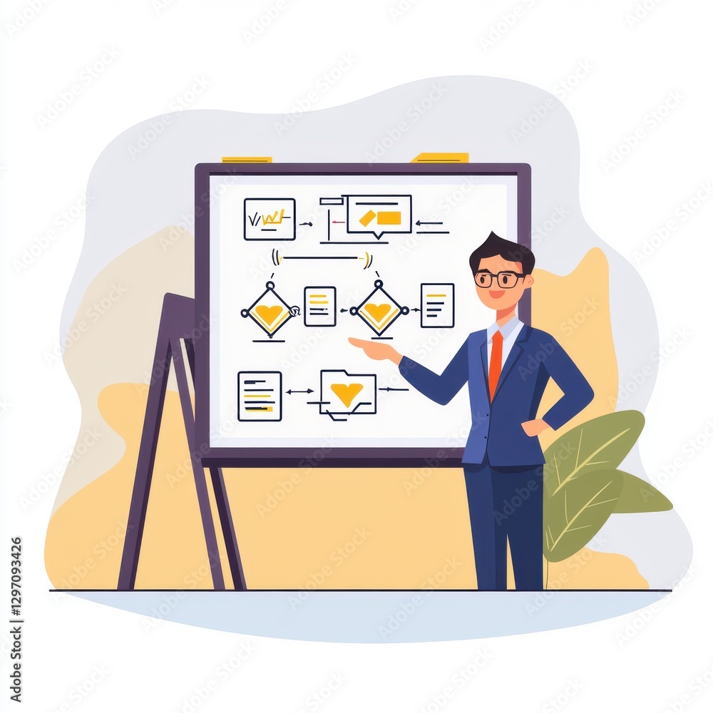 A smartly dressed Asian male presenting a flowchart on a board, conveying ideas effectively. A smartly dressed Asian male presenting a flowchart on a board, conveying ideas effectively.
