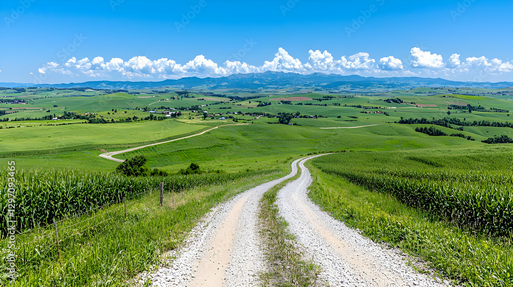 Fototapeta premium Winding road through green farmland, scenic mountains background, summer day, travel photography