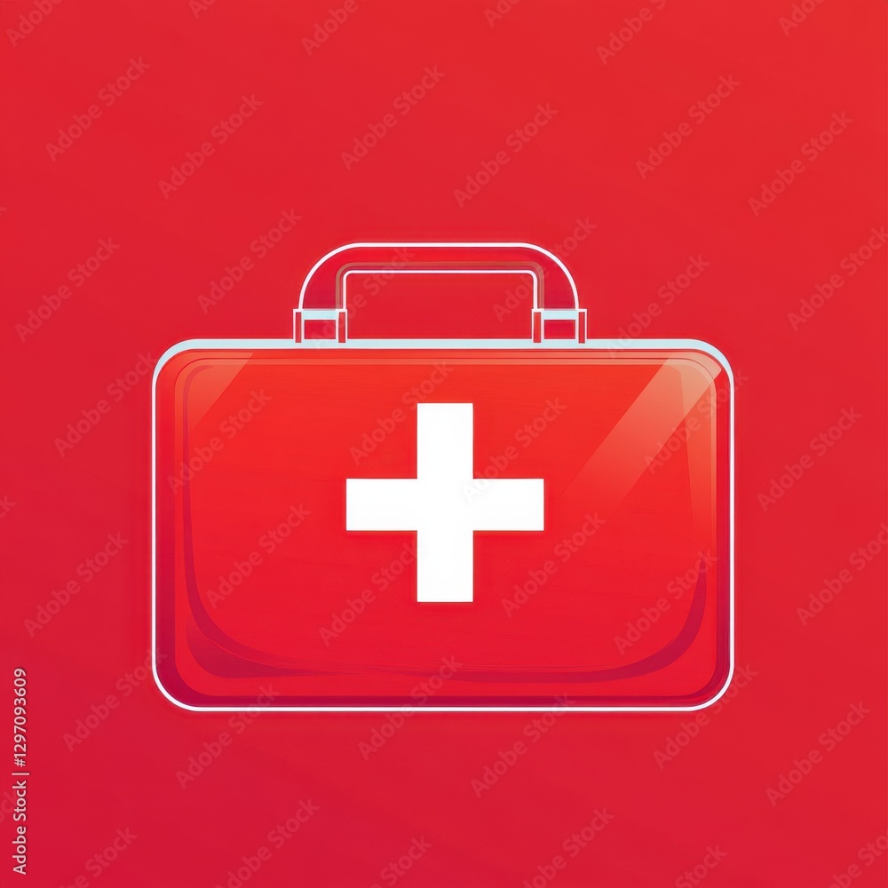 Graphic representation of a red first aid kit with a white cross symbol on a bright red background. Graphic representation of a red first aid kit with a white cross symbol on a bright red background.
