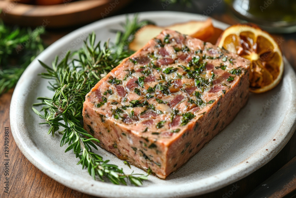 A delicious serving of pasztet (meat pâté), elegantly presented on a platter A delicious serving of pasztet (meat pâté), elegantly presented on a platter