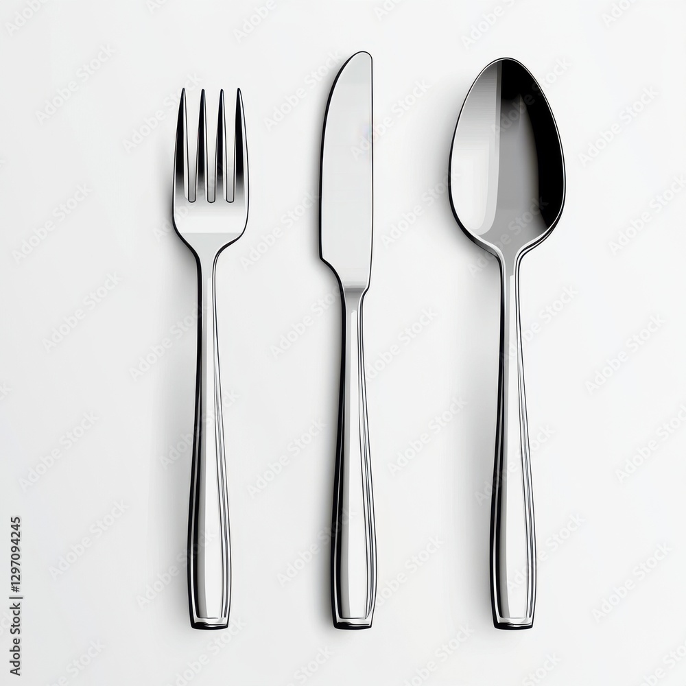 Elegant silverware set including a fork, knife, and spoon on a clean white background. Elegant silverware set including a fork, knife, and spoon on a clean white background.