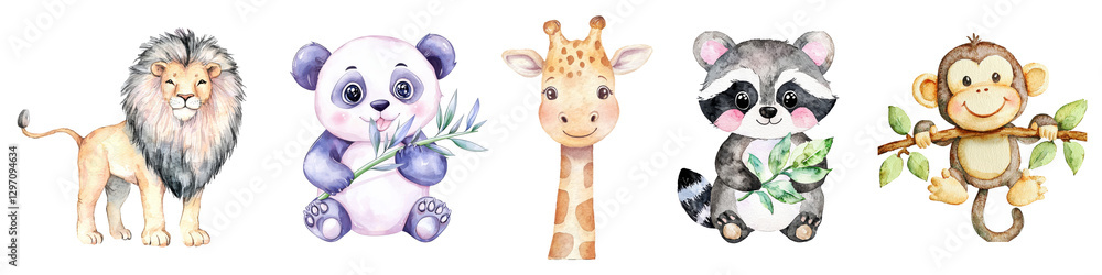 Naklejka premium Lion panda giraffe raccoon monkey watercolor illustration set isolated on transparent background