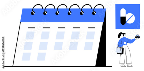Woman holding medication with spiral-bound calendar for organizing appointments and medication schedules. Ideal for healthcare planning, time management, medical appointments, daily routine