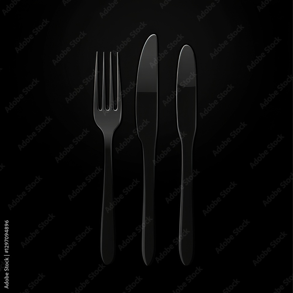 Elegant black cutlery set: fork, knife, and spoon arranged on a sleek black background. Elegant black cutlery set: fork, knife, and spoon arranged on a sleek black background.