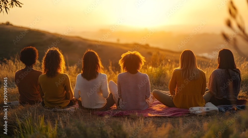 Self Care as a Social Activity Silhouetted Women Meditating Together in Serene Mountainscape at Sunset Self Care as a Social Activity Silhouetted Women Meditating Together in Serene Mountainscape at Sunset