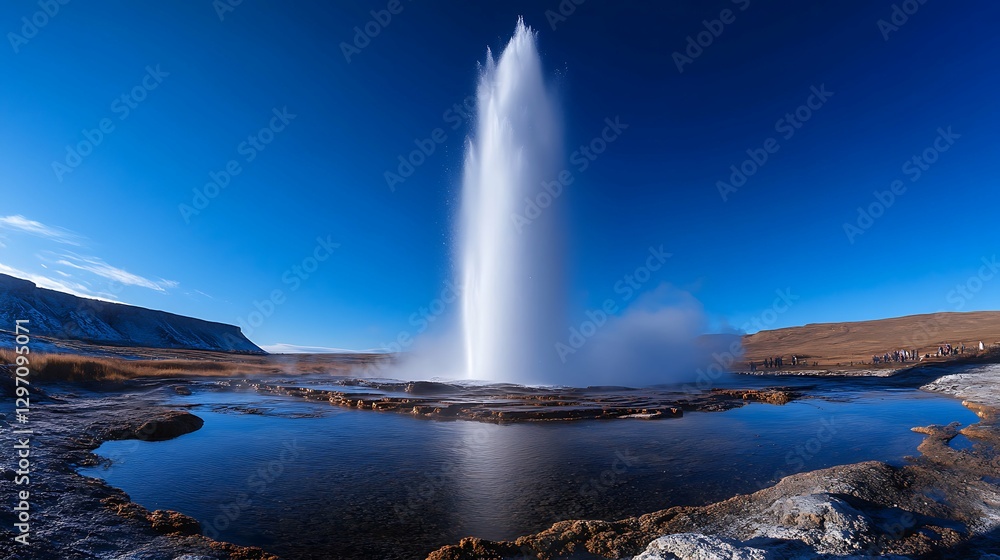 A landscape view of erupting geyser in southwestern Iceland, Europe A landscape view of erupting geyser in southwestern Iceland, Europe