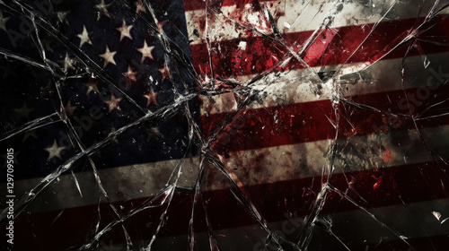 American flag shattered with broken glass symbolizing division, struggle, and national challenges

