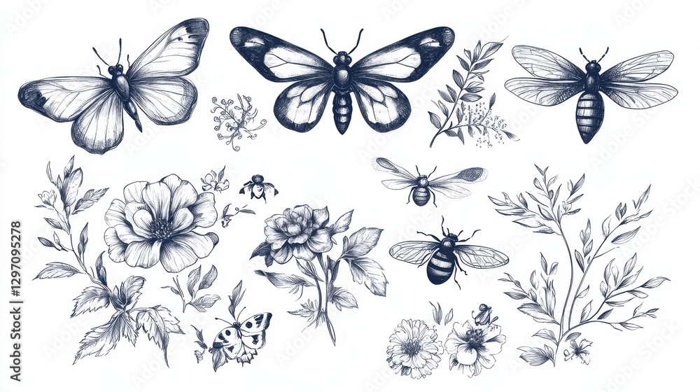 Illustration of Butterflies, Bees, Flowers, and Foliage Illustration of Butterflies, Bees, Flowers, and Foliage