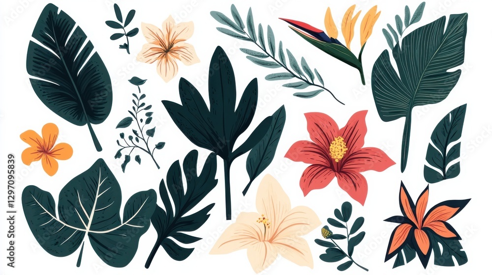 Obraz premium Isolated Tropical Flowers and Leaves Illustration on White