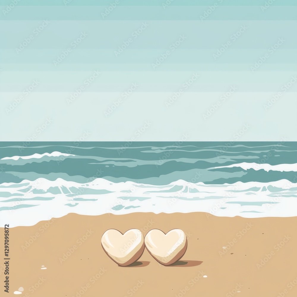 Two white heart-shaped stones on a sandy beach, symbolizing love and serenity against the ocean backdrop. Two white heart-shaped stones on a sandy beach, symbolizing love and serenity against the ocean backdrop.