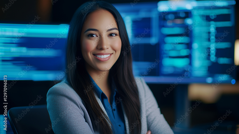 Confident Multiethnic Woman in High-Tech Office Environment Confident Multiethnic Woman in High-Tech Office Environment