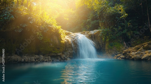 Hidden Jungle Waterfall Cascading into Secluded Turquoise Pool