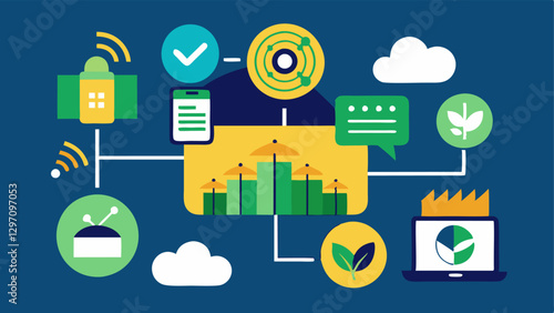 Technology and Agriculture A screen showing agricultural technology innovations like sensors or AI farming solutions with surrounding symbols of investment emphasizing tech