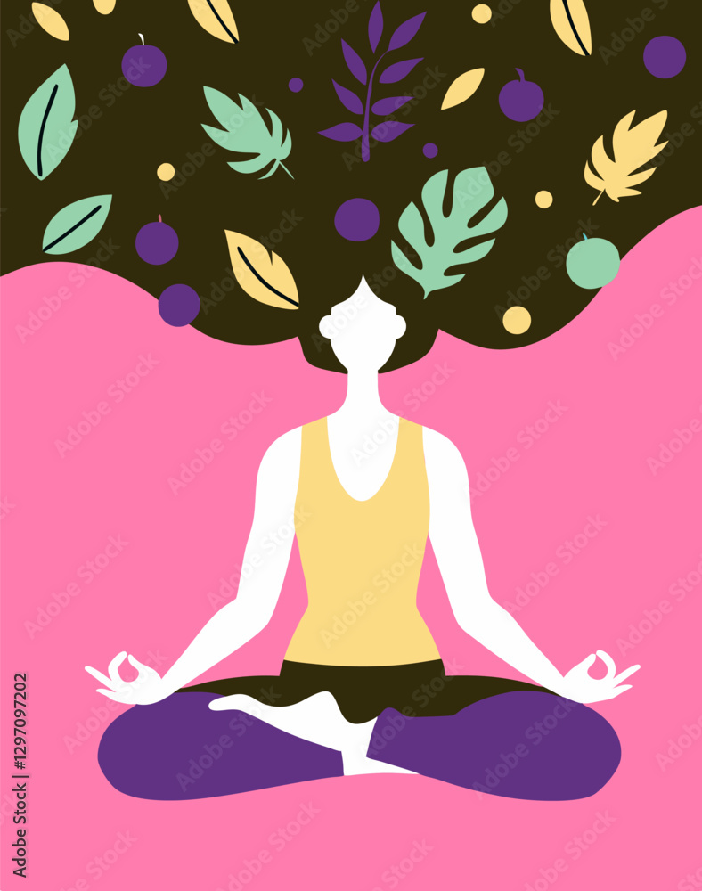 Young woman meditating in a lotus pose surrounded by leaves Young woman meditating in a lotus pose surrounded by leaves