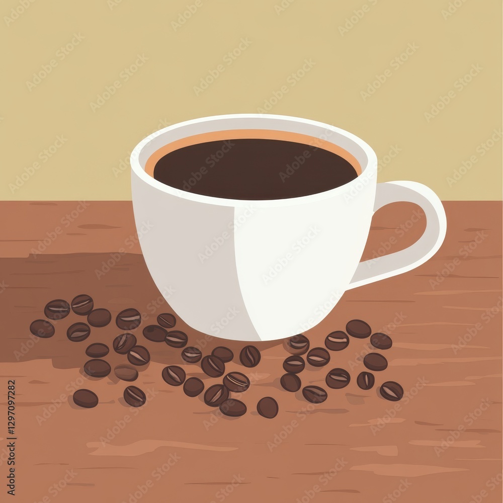 Obraz premium A steaming cup of black coffee on a wooden table with scattered coffee beans.