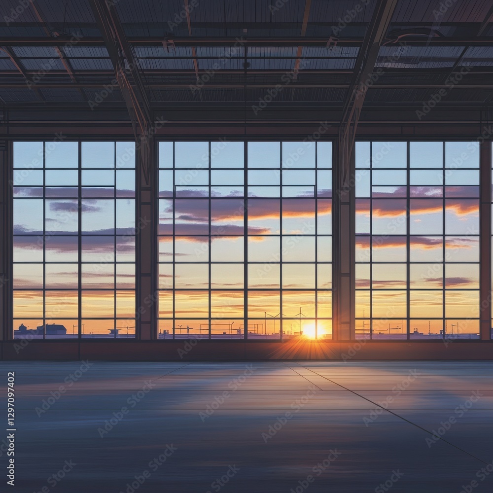 Stunning sunset view through large windows, casting golden light on an empty industrial space. Stunning sunset view through large windows, casting golden light on an empty industrial space.