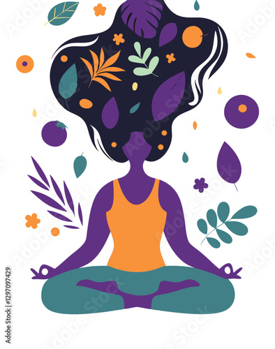 Young woman meditating in a lotus pose surrounded by leaves