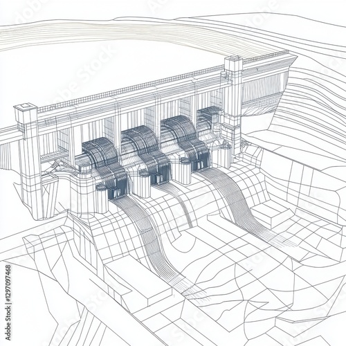 Detailed line drawing of a dam structure showcasing hydraulic turbines and water flow.