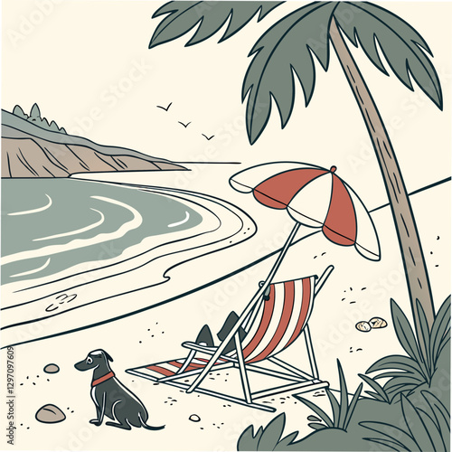 Sunbed and umbrella on a sandy beach, side view, perfect for relaxation and vacation vibes