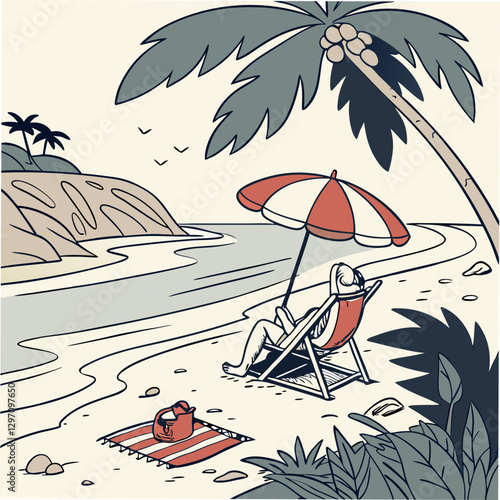 Sunbed and umbrella on a sandy beach, side view, perfect for relaxation and vacation vibes