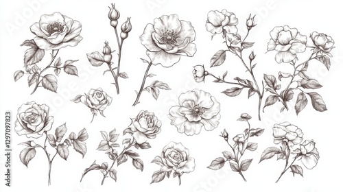 Monochrome Rose Flower Sketches on White Background