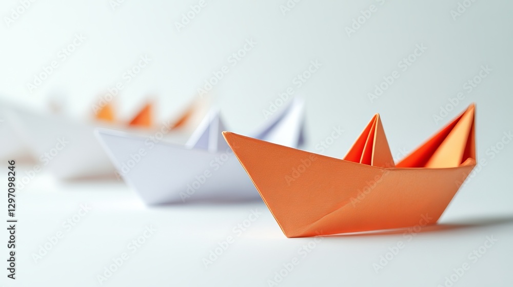 A group of paper boats following an orange leader on a white background symbolizing guidance and leadership A group of paper boats following an orange leader on a white background symbolizing guidance and leadership