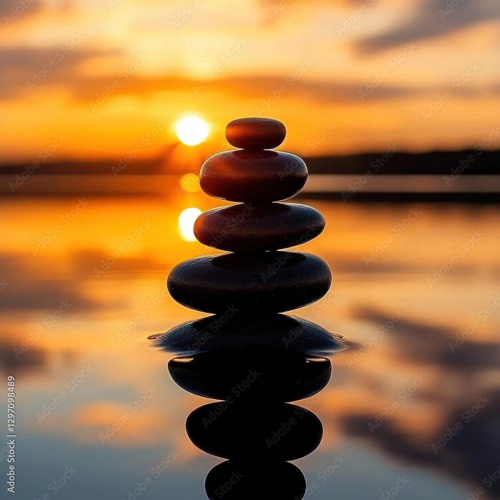 Rock stacking at sunset by the calm water reflecting orange and yellow hues Rock stacking at sunset by the calm water reflecting orange and yellow hues