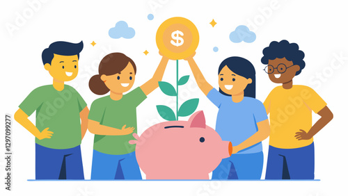 Saving Money A group of diverse teens excitedly placing coins into a piggy bank surrounded by dollar signs and a small plant growing nearby symbolizing growth through saving.
