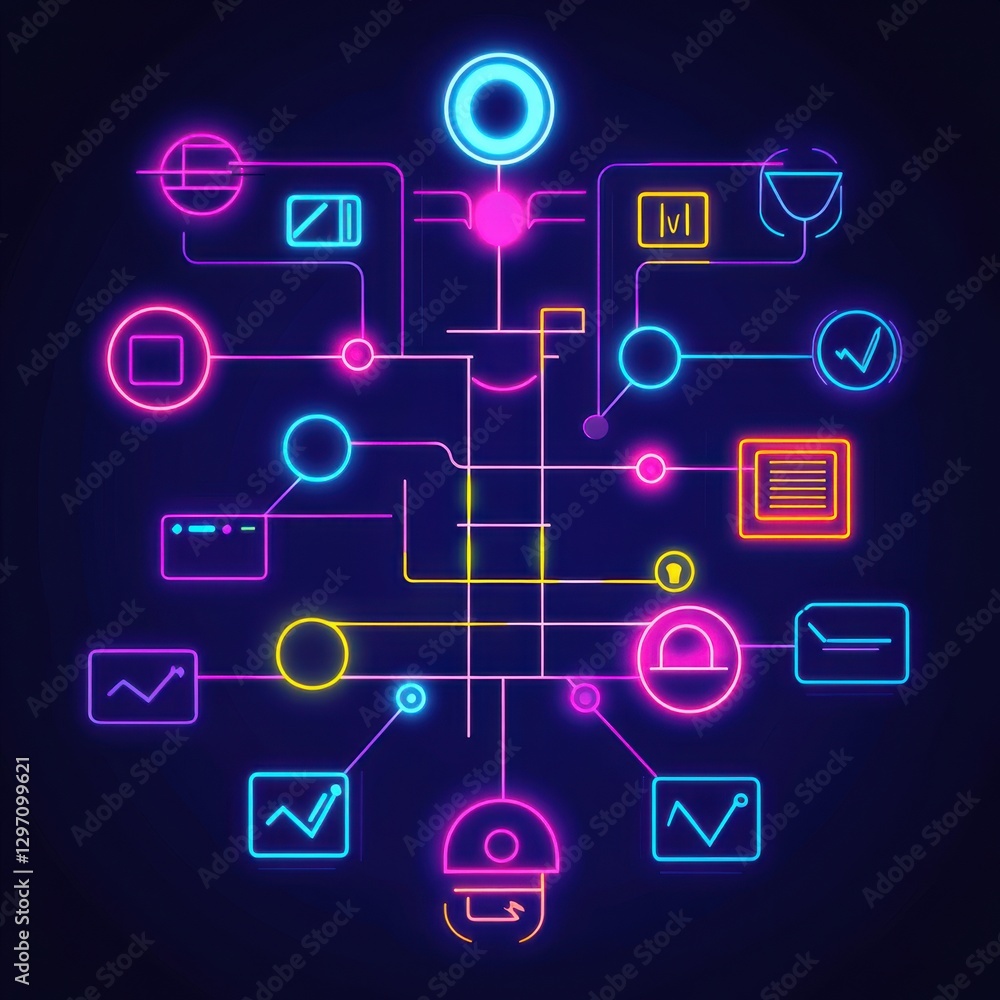 Colorful neon abstract technology background featuring interconnected data visualization elements. Colorful neon abstract technology background featuring interconnected data visualization elements.