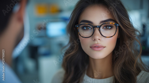 Woman wearing glasses, in a medical office setting.  Possible use for stock photography