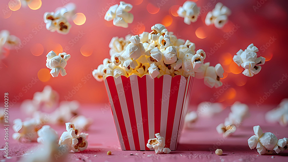 Flying Popcorn in Classic Red and White Striped Box with Bokeh Background Flying Popcorn in Classic Red and White Striped Box with Bokeh Background