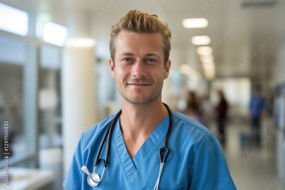 Portrait of smiling male doctor with stethoscope at hospital corridor. Healthcare. Medical concept with copy space. Portrait of smiling male doctor with stethoscope at hospital corridor. Healthcare. Medical concept with copy space.