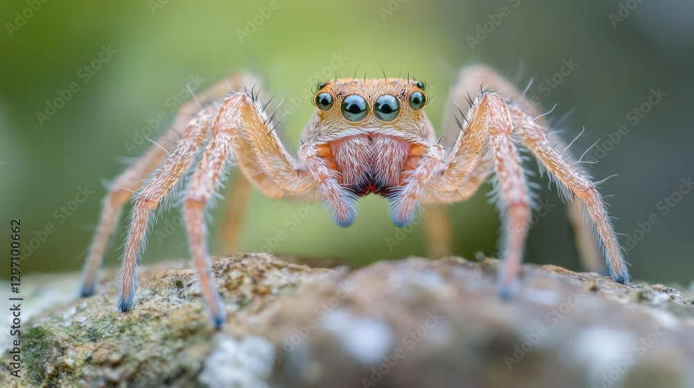 A close-up shot of a spider sitting on a rock, with its legs spread out and its body facing the camera A close-up shot of a spider sitting on a rock, with its legs spread out and its body facing the camera