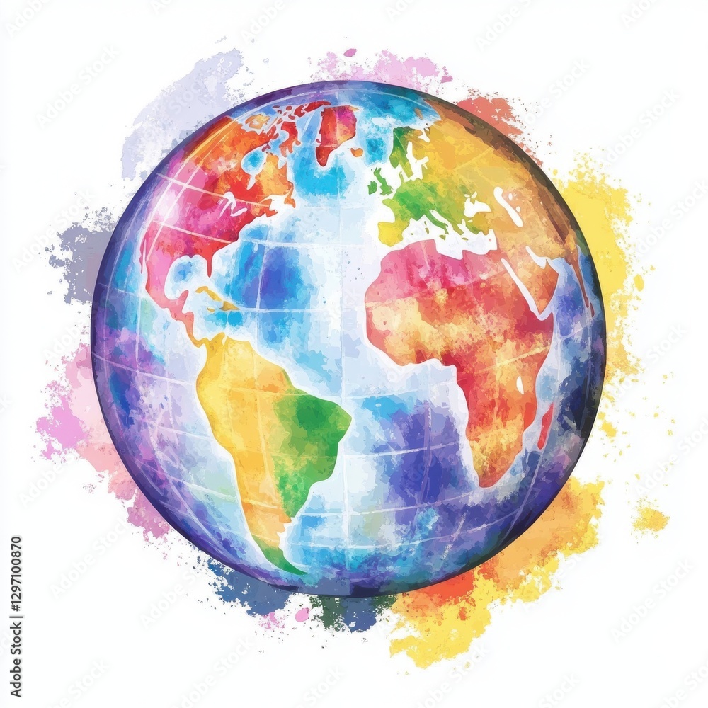 Naklejka premium A colorful, artistic representation of the globe, showcasing vibrant continents against a splattered background.