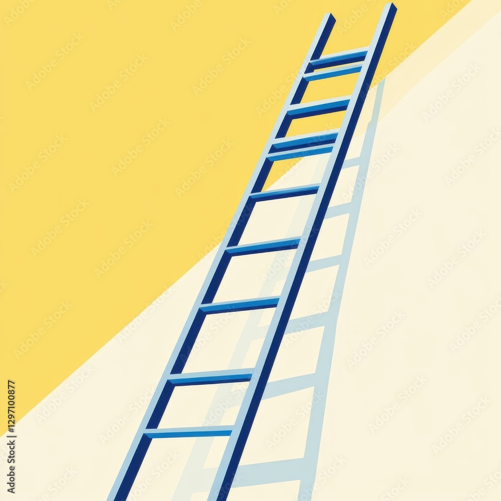A blue ladder reaches towards a bright yellow wall, casting a long shadow. A blue ladder reaches towards a bright yellow wall, casting a long shadow.
