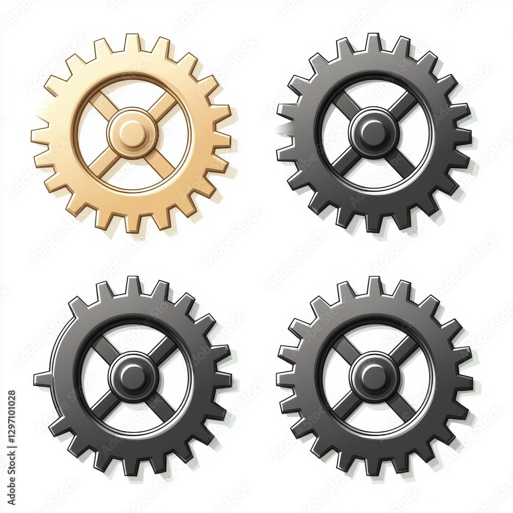 Four distinct metallic gears in gold and black, showcasing intricate designs and textures. Four distinct metallic gears in gold and black, showcasing intricate designs and textures.