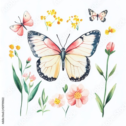 Colorful watercolor butterflies and flowers creating a serene, natural scene.