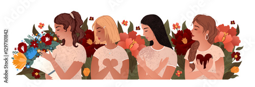 Hand-drawn digital illustration of four women surrounded by vibrant flowers, each expressing emotions through symbolic gestures. A conceptual and artistic composition