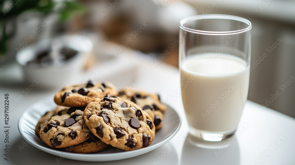 Freshly Baked Chocolate Chip Cookies with a Glass of Milk Freshly Baked Chocolate Chip Cookies with a Glass of Milk