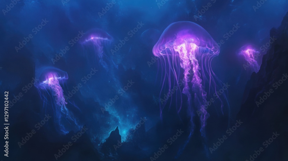Fototapeta premium Underwater View of Four Glowing Jellyfish