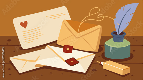 Written Letters An assortment of handwritten letters tied with twine resting on a wooden table with a quill pen and inkpot signifying heartfelt connections and nostalgia for