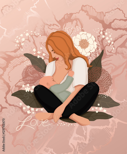 Hand-drawn digital illustration of a loving mother breastfeeding her baby, surrounded by delicate flowers and soft pastel tones. A tender and emotional composition celebrating motherhood