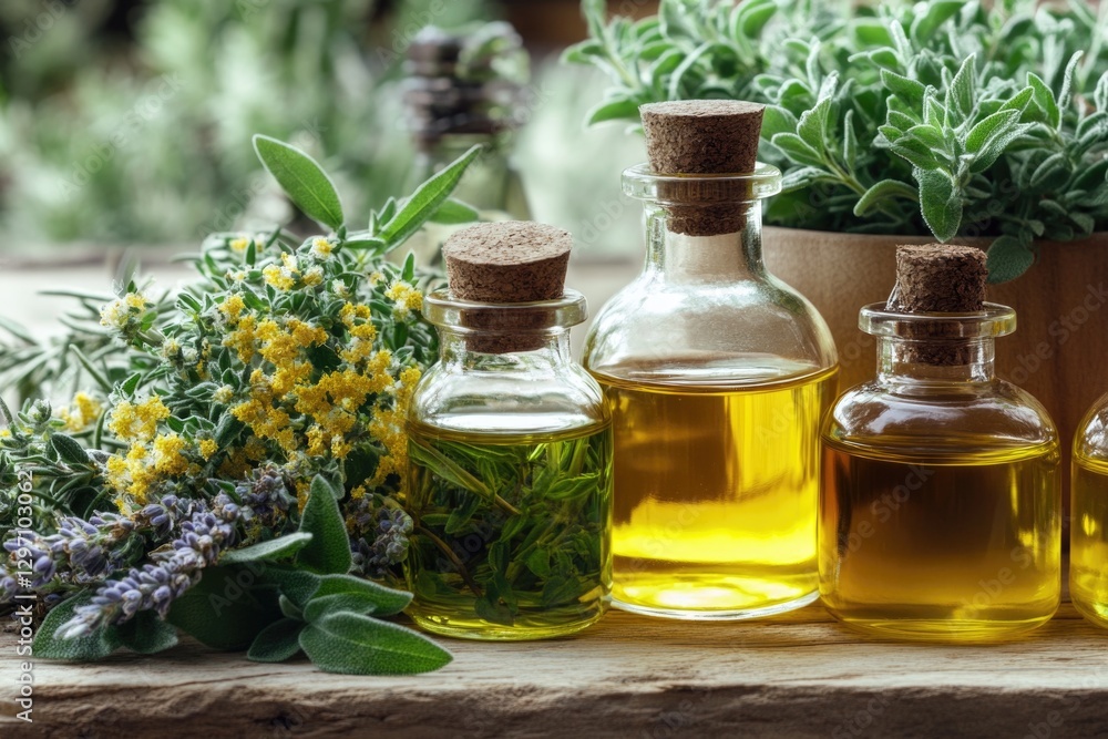 A still life composition featuring a table with oil bottles and a nearby potted plant
