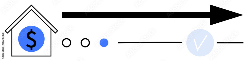 House icon with dollar sign, progress arrow, completion checkmark, and steps. Ideal for financial growth, mortgage processes, investment journeys, savings plans, milestone tracking economic House icon with dollar sign, progress arrow, completion checkmark, and steps. Ideal for financial growth, mortgage processes, investment journeys, savings plans, milestone tracking economic