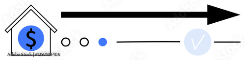 House icon with dollar sign, progress arrow, completion checkmark, and steps. Ideal for financial growth, mortgage processes, investment journeys, savings plans, milestone tracking economic