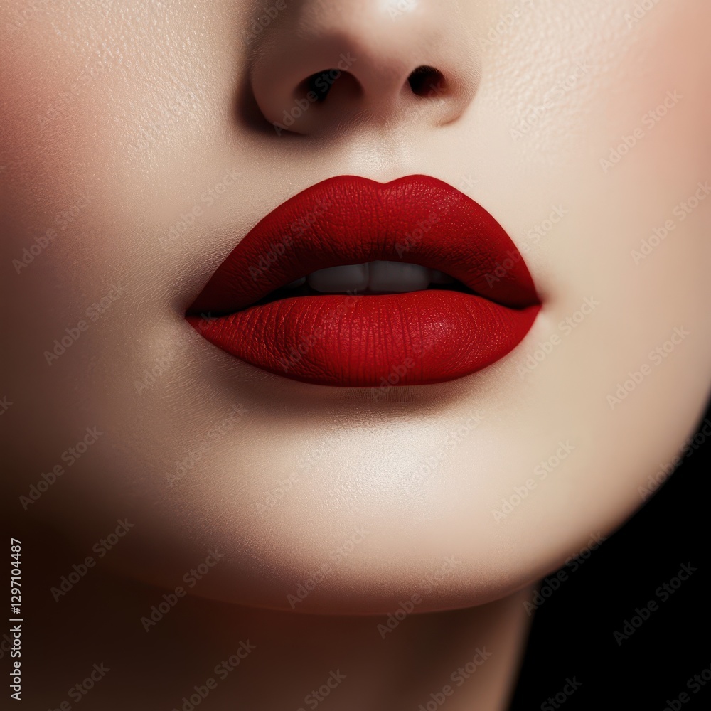 Matte lips in a bold red shade, beauty and makeup close-up Matte lips in a bold red shade, beauty and makeup close-up