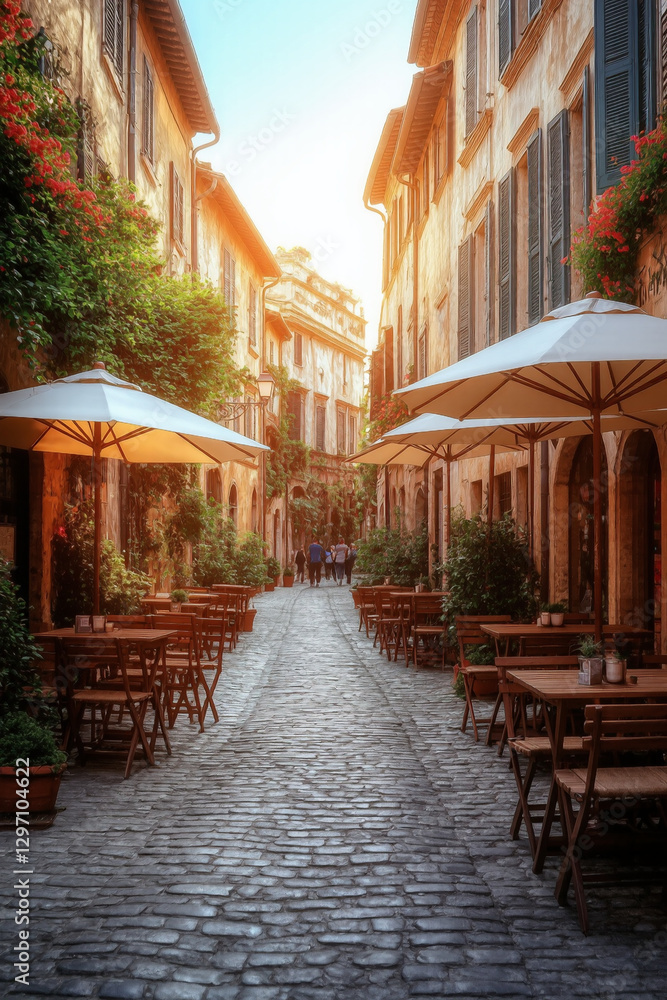Fototapeta premium A charming cobblestone street is lined with cozy cafés, lush greenery, and warm sunlight filtering through historic buildings 