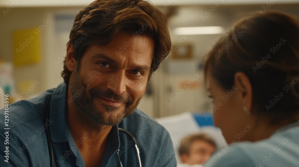 Fototapeta premium Doctor smiling at patient in a hospital setting