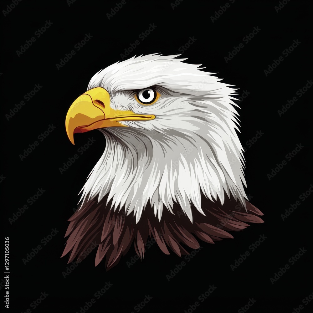 A striking illustration of a bald eagle's head, showcasing its majestic features against a black background. A striking illustration of a bald eagle's head, showcasing its majestic features against a black background.