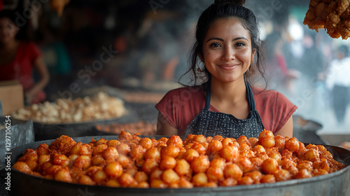 Woman at market stall selling spicy potatoes